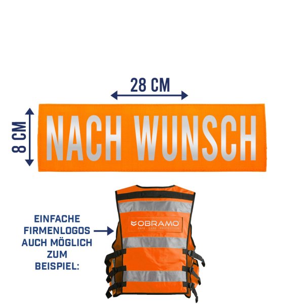 Patch für Einsatz-Warnweste Rücken 28cm x 8cm Rücken orange Schriftzug nach Wunsch