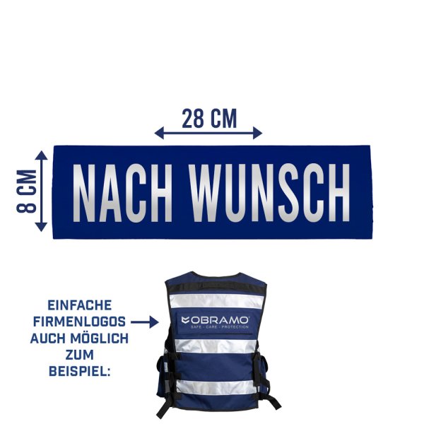 Patch für Einsatz-Warnweste Rücken 28cm x 8cm Rücken navy blau Schriftzug nach Wunsch